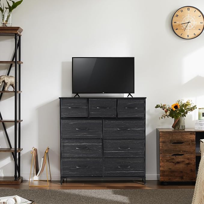 DUMOS 9 Drawer Dresser for Bedroom, Fabric Storage Organizer with Sturdy Metal Frame, Wooden Top Chest of Drawers for Closet Entryway Guest Room,Black Wood