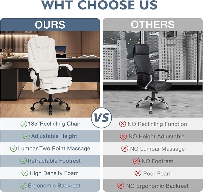 HOFFREE Massage Office Chair with Foot Rest 7 Points Vibration Ergonomic Executive Desk Chair Leather Computer Office Chair Beige