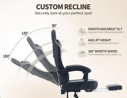Office Desk Computer Gaming Chair for Adults, Ergonomic High Back Gamer Chair with Massage and Pocket Spring Cushion, Swivel Comfy Video Game Chairs with Footrest and Lumbar Support (Black Grey)
