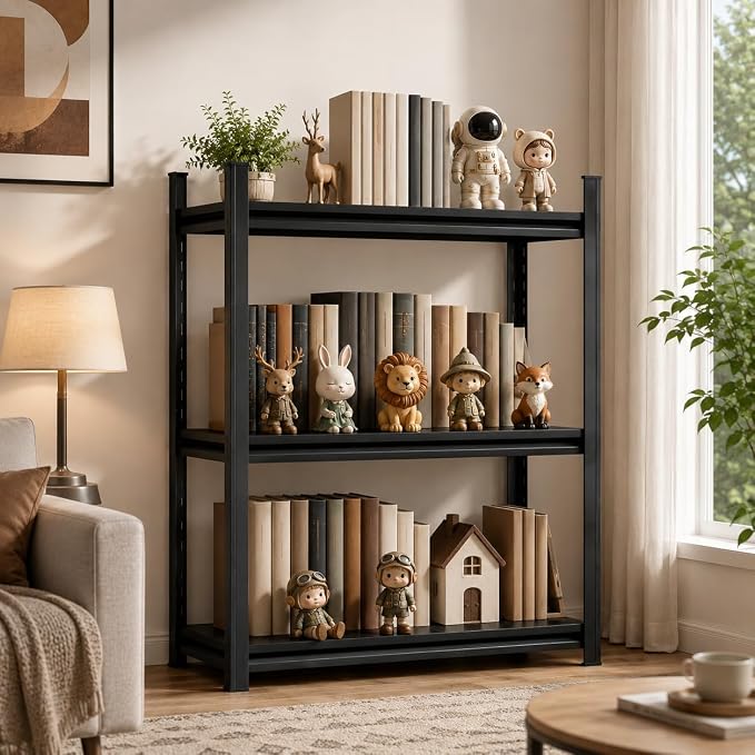 3 Tier Metal Bookshelf, Adjustable Tall Bookcase, Heavy Duty 1800 LBS Modern Deep Book Shelf, Bolt-Free Storage Shelves for Living Room, Home Office, Garage, 35.4" Wx 11.8" Dx 31.5" H