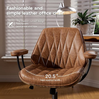Office Desk Chair with Rubber Casters and Padded Arms, Premium Cognac Brown Faux Leather Computer Chair, Height Adjustable Vintage Rolling Swivel Executive Task Chair for Home Office