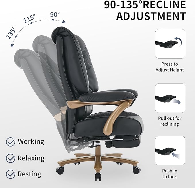 EXCEBET Big and Tall Executive Office Chair with Footrest, 400LBS Capacity Ergonomic High-Back Desk Office Chair with Lumbar Support, Padded Armrests & Thick Cushion, Black PU Leather Chairs