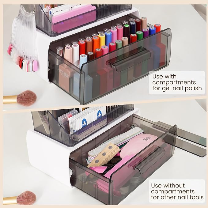 Wilfniee Nail Tech Desk Organizer Case: 2 Layers Nail Tech Organizers with Nail Polish Storage Drawer- 53 Holes Nail Drill Bits & Nail Brushes Pens Holder for Manicure Nail Supplies (Grey)