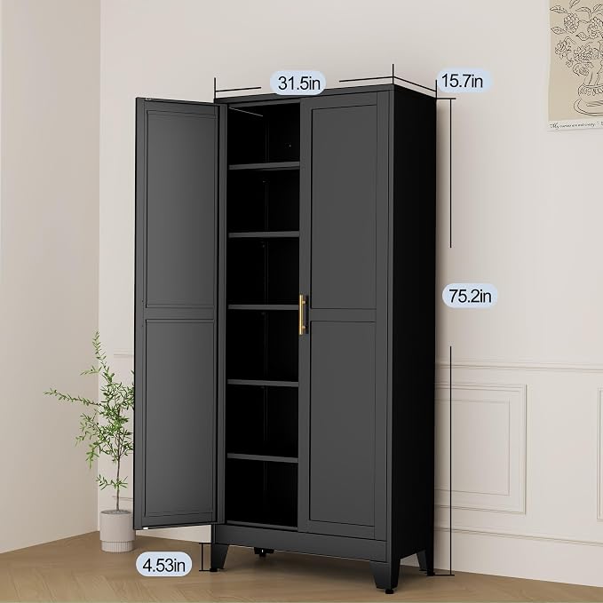 Black Metal Storage Cabinet,75" Steel Cabinets for Home Office, Kitchen Pantry Storage Cabinet with Doors and 5 Adjustable Shelves, Tool Cabinets, for Office, Home, Garage, School