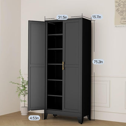 Black Metal Storage Cabinet,75" Steel Cabinets for Home Office, Kitchen Pantry Storage Cabinet with Doors and 5 Adjustable Shelves, Tool Cabinets, for Office, Home, Garage, School