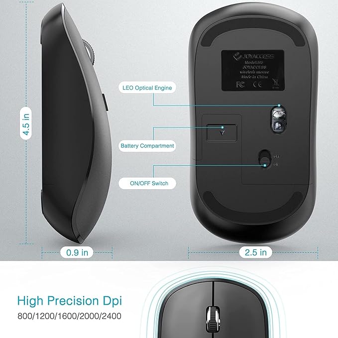 JOYACCESS Rechargeable Wireless Mouse for Laptop, J Silent Portable Cordless Mouse for Laptop with USB Nano Receiver and High Precision 2400 DPI-Black