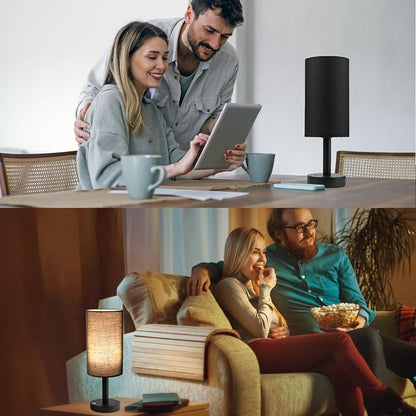 LALISU Small Table Lamp Nightstand Lamp Linen Lampshade Bedroom Wood Base Small Bedside Lamp for Night Stands, Desk Lamps for Reading Living Room, Office (LED Bulb Included) (Black and Cordless)