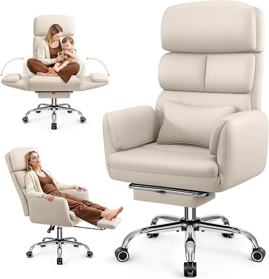 Big and Tall Office Chair 500LBS, Ergonomic High Back Leather Executive Chair, Reclining Swivel with Adjustable Armrests Lumbar Support Footrest, Cross Legged, Beige