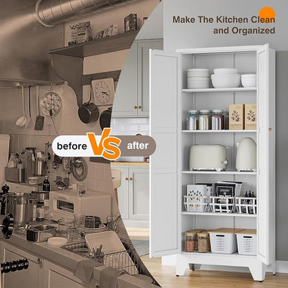 Yizosh Metal Pantry Cabinet,- 72" White Kitchen Pantry Storage Cabinet with Doos and Adjustable Shelves for Kitchen, Living Room,Dining Room,Home