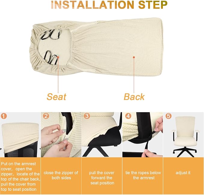 Tatuo 3 Pcs Computer Office Chair Cover Universal Rotating Chair Slipcovers Protector Removable Washable Office Armrest Covers with Zipper for High Back Seat Backrest(L,Waffle,Faint Yellow)