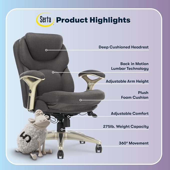 Serta Claremont Executive Office Chair with Back-In-Motion Technology, Ergonomic Mid-Back with Pivot Lumbar Support & Seat, Plush Cushion, Body Pillows, Adjustable Arms, Dark Gray Fabric