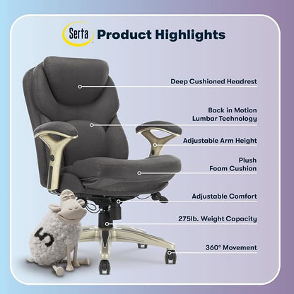 Serta Claremont Executive Office Chair with Back-In-Motion Technology, Ergonomic Mid-Back with Pivot Lumbar Support & Seat, Plush Cushion, Body Pillows, Adjustable Arms, Dark Gray Fabric