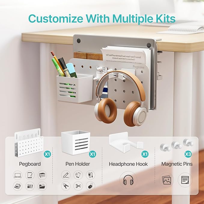 PEGZONE Desk Side Storage Organizer, No Drill Under Desk Laptop Holder, Clamp on Desks Shelf with Pegboard Accessories, Hanging Laptop Mount, Fits Flat Edge 0.4" to 2.2", White