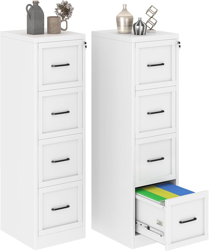 GAIOUS Metal Vertical File Cabinet with Lock, Home Office 4 Drawer Cabinet | 4 Drawer Filing Cabinet, Beside Desk File Cabinet, White Lockable Storage Cabinet, Fits Letter/Legal/A4 Size