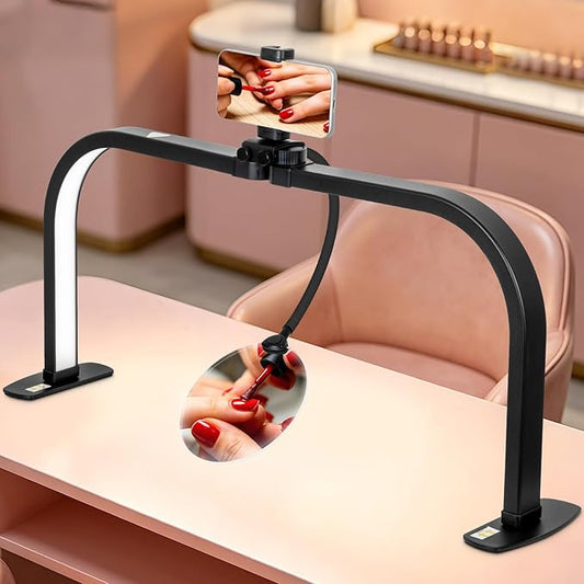 HITTI LED Half Moon Nail Desk Lamp, 30" Foldable Arch Light with 5X Magnifier & Phone Holder for Manicure, Handicraft, Art, Eyelash Extensions - Adjustable Brightness, 3 Color Modes, Home & Salon