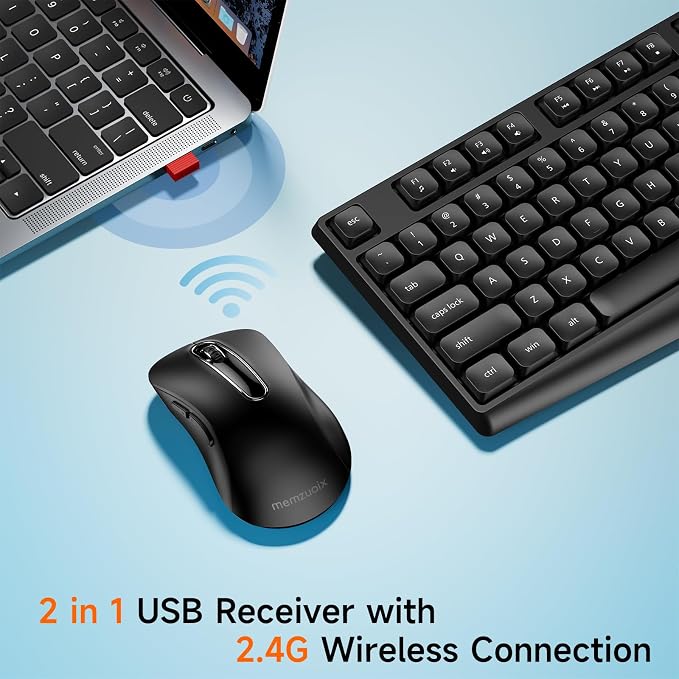 memzuoix Wireless Keyboard and Mouse Combo, 2.4G Full-Size Ergonomic Set with 1400 DPI Mouse, Lag-Free USB Receiver, 6-Month Battery Life for PC/Laptop/Windows/Mac (Black)