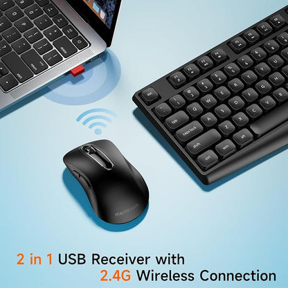 memzuoix Wireless Keyboard and Mouse Combo, 2.4G Full-Size Ergonomic Set with 1400 DPI Mouse, Lag-Free USB Receiver, 6-Month Battery Life for PC/Laptop/Windows/Mac (Black)