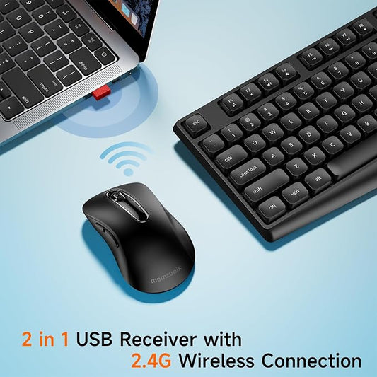 memzuoix Wireless Keyboard and Mouse Combo, 2.4G Full-Size Ergonomic Set with 1400 DPI Mouse, Lag-Free USB Receiver, 6-Month Battery Life for PC/Laptop/Windows/Mac (Black)