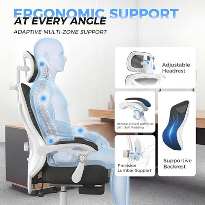 Ergonomic Office Chair with Footrest - Adjustable Lumbar Support & Headrest, 90-160° Reclining Mesh Back Computer Chair - Home Office/Gaming, 330lbs Capacity