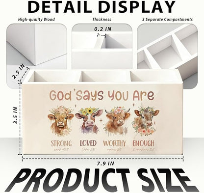 Highland Cow Christian Pen Pencil Holder for Desk, Christian Gifts for Women, God Says You Are Bible Verse Western Highland Cow Wooden Box Sign Decorations for Home Office Desk Tabletop