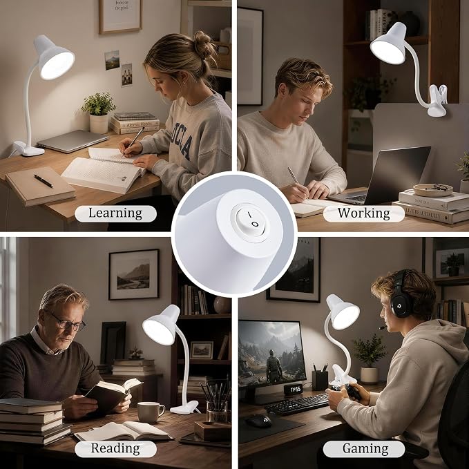 Clip On Led Desk Lamp, Flexible Gooseneck, Eye-Caring 4.5W Energy-Saving Study Lamps, Anti-tip Bedside Reading Light, Desk Lamps for College Dorm Room, Home Office, Modern Lamp with 1.6m Cord, White