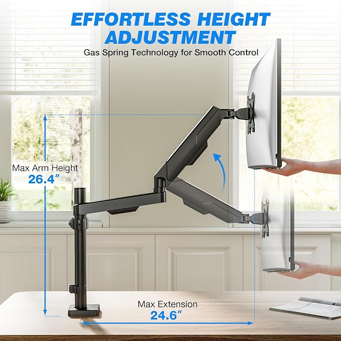 Single Monitor Arm Desk Mount, Adjustable Extra Long Monitor Stand for 17-34 Inch Screens, Hold up to 22 lbs, VESA 75/100mm Mount with Tilt, Swivel, Rotation