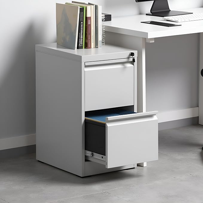 2 Drawer File Cabinet with Lock, Vertical Metal Filing Cabinet Under Desk Storage Cabinet, Legal Letter File Cabinets for Home Office, Easy Assemble (White)