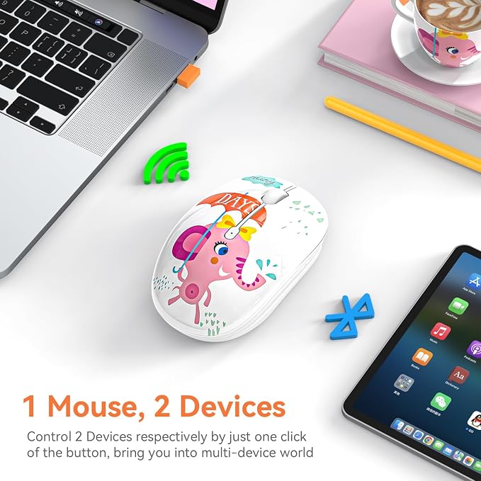 FMOUSE Cute Wireless Mouse Dual Mode with 2.4GHz USB Receiver and Bluetooth Connection for Laptop, iPad, Mac, AA Battery Silent Cartoon Cordless Mice for Kids and Students (Pink Elephant)