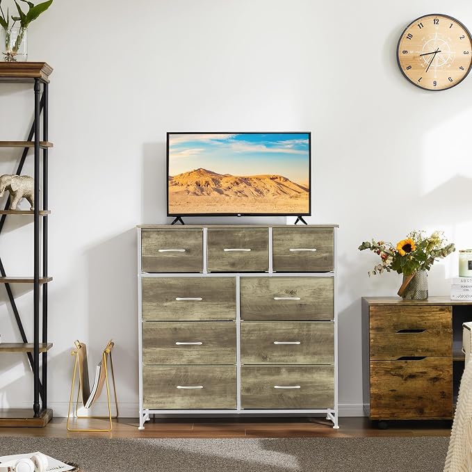 DUMOS Dresser for Bedroom, Storage Organizer with 9 Drawers, Chest of Drawers with Fabric Bins, Sturdy Metal Frame, Wood Tabletop for Guest Room, Closet, Entryway, Oak