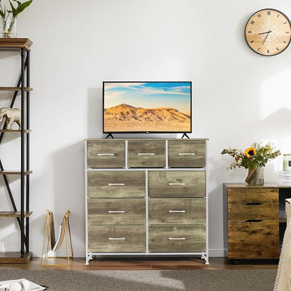 DUMOS Dresser for Bedroom, Storage Organizer with 9 Drawers, Chest of Drawers with Fabric Bins, Sturdy Metal Frame, Wood Tabletop for Guest Room, Closet, Entryway, Oak