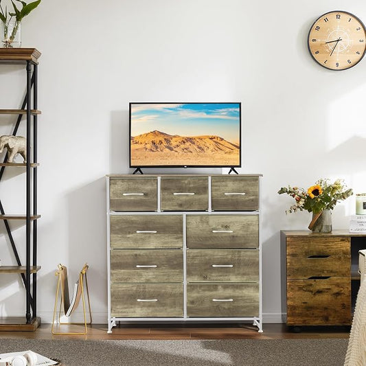 DUMOS Dresser for Bedroom, Storage Organizer with 9 Drawers, Chest of Drawers with Fabric Bins, Sturdy Metal Frame, Wood Tabletop for Guest Room, Closet, Entryway, Oak