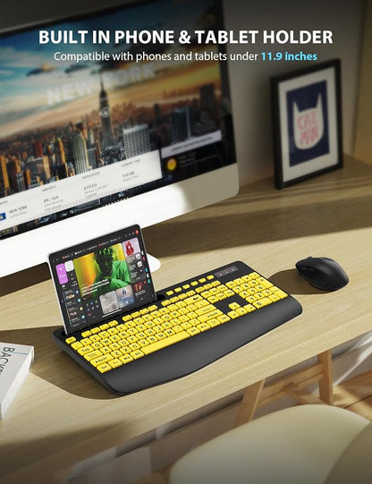 Wireless Keyboard and Mouse Combo - Large Print Ergonomic Keyboard with Wrist Rest, Phone Holder, Sleep Mode, Silent 2.4GHz Keyboard Mouse Set for Computer, Laptop, PC, Mac, Windows - Trueque