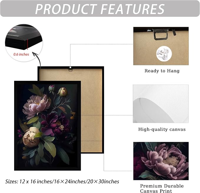 ICHZUMW Moody Peony Floral Canvas Wall Art Set of 3, Black Wood Framed Dark Academia Gothic Botanical Wall Decor, Ready to Hang Fade‑Resistant Flower Pictures for Bedroom Living Room Bathroom, 20×30in