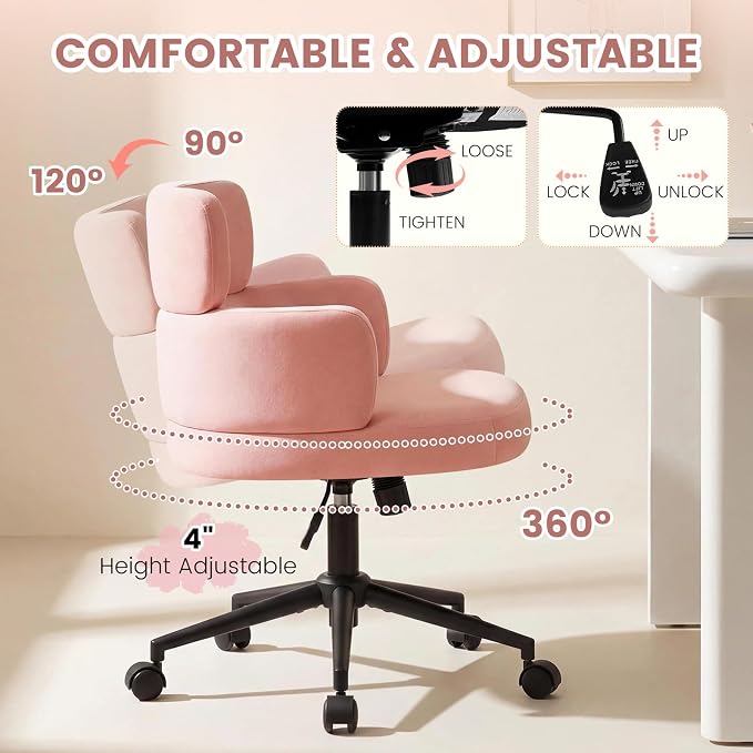 Home Office Chair with Unique Curved Back, Cute Pink Upholstered Wide Seat Desk Chair with Wheels,Swivel Tilt & Height Adjustable, Plush Velvet Fabric Matel Base for Home Office Vanity, Pink
