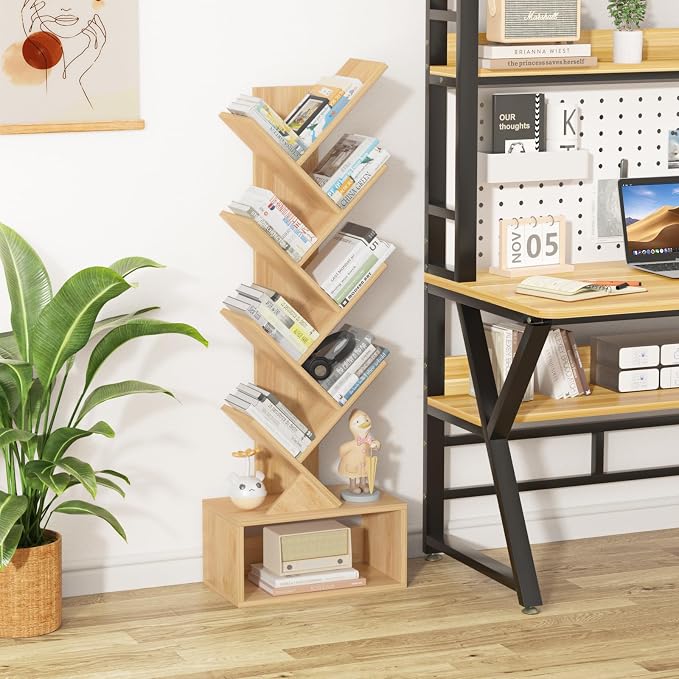 SHEEPAM 9 Tier Tree Bookshelf,Christmas Green Bookcase for Narrow Space, Storage Organizer Floor Standing Bookshelves for Books, Tall Book Case for Home Office, Living Room, Bedroom