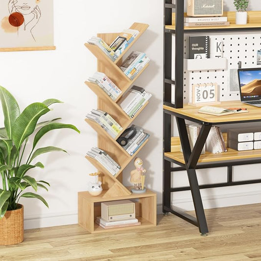 SHEEPAM 9 Tier Tree Bookshelf,Christmas Green Bookcase for Narrow Space, Storage Organizer Floor Standing Bookshelves for Books, Tall Book Case for Home Office, Living Room, Bedroom