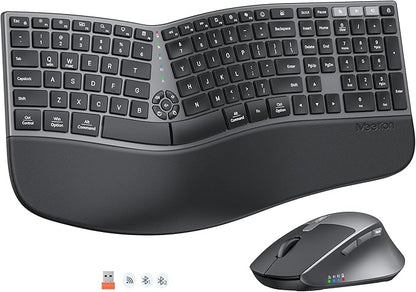 MEETION Ergonomic Keyboard and Mouse Wireless, Split Curved 2.4G & Bluetooth Keyboard Mouse, Full-size Cushioned Palm Rest Keyboard, 4 Adjustable DPI Mouse, Compatible for Windows/Mac/PC/Laptop, Black