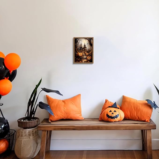 Framed Vintage Halloween Wall Art - Spooky Haunted House Canvas Print, Gothic Halloween Wall Decor, Fall Pumpkin Picture Painting for Living Room Bedroom Home, 8x10in Wood Frame