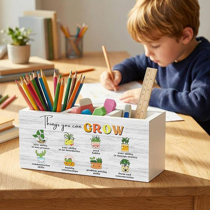 Boho Plant Classroom Pencil Pen Holder for Office Desk Organizer, Counseling Calming Office Wooden Box Decorations for Students College Boys Girls Teachers First Day of School