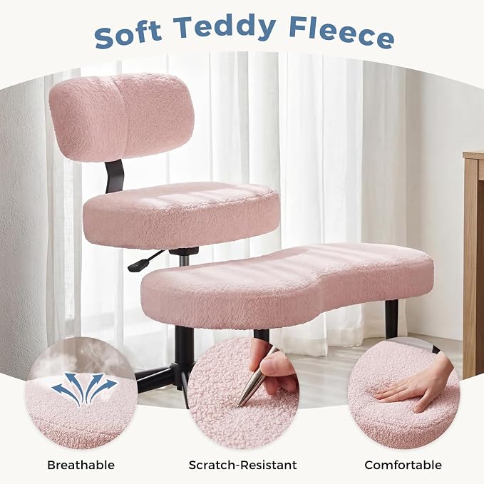 DUMOS Ergonomic ADHD Meditation Office Desk Chair with Adjustable Backrest, Cross Legged Chair Height Adjustable with 360° Swivel Footstool, Yoga Stool for Home Office, Teddy Fabric Pink
