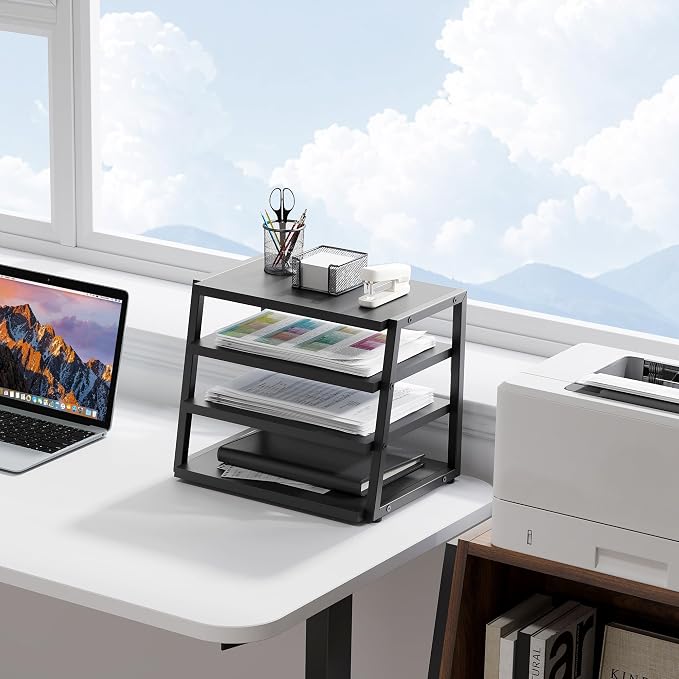 Fenge Desk Shelf Organizer, 4 Tier Desktop Shelf, Wood and Metal Office Shelves, Corner File Organizer for Office Supplies, Top of Desk Organizers and Accessories