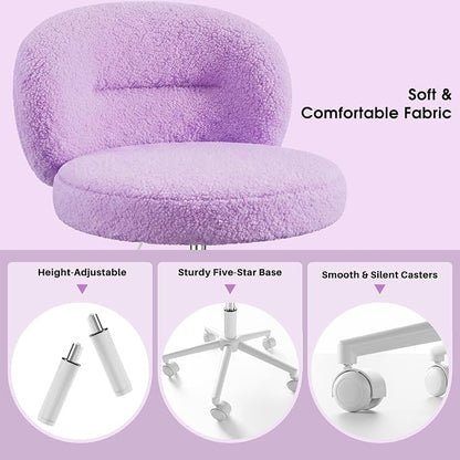 Homkdom Small Round Vanity Chair, Armless Home Office Desk Chairs with Back, Height Adjustable & 360° Swivel, Cute Comfy Vanity Computer Chair for Bedroom, Home Office, Purple
