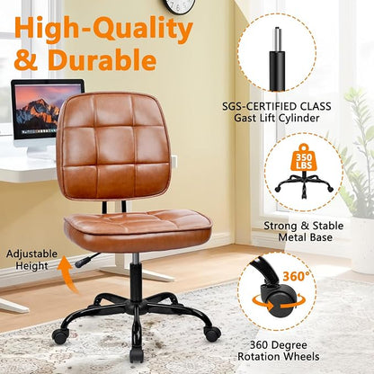 CLATINA Home Office Chair No Arms with Wheels, Armless Small Leather Ergonomic Low Back Desk Chairs Adjustable Height 360° Swivel Rolling Computer Task Chair for Work Reading Conference Room, Brown