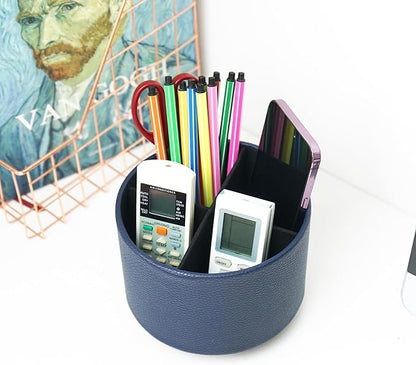 Round Leather Art Supply Organizer,Remote Control Holder,360 Degree Spinning,Multi-Functional Pencil Holder,4 Compartments Desktop Stationary Organizer(1-Lichee Blue)