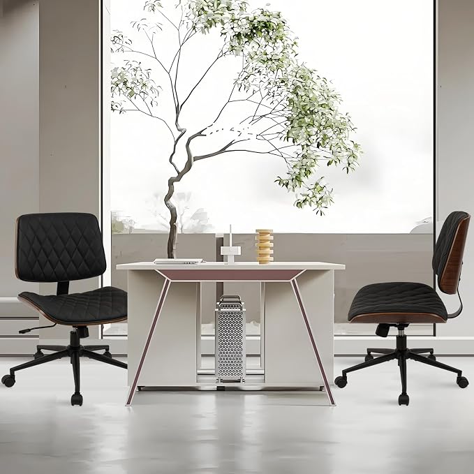 CLATINA Home Office Desk Chair with Wheels, Adjustable Height Armless Office Chair, PU Leather Mid Back 360 Swivel Computer Chair, Modern Walnut Chair for Home, Meeting, Reading Room,Black(4 pk)