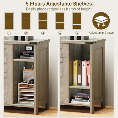 Halitaa 3 Drawer File Cabinet, Farmhouse Lateral Filing Cabinet Fits File Letter or A4 Size, Wooden Printer Stand with Open Storage Adjustable Shelf for Home Office, Grey