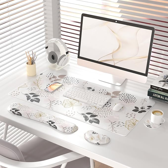QIYI Leather Desk Mat Set, 4-in-1 Large Mouse Pad with Ergonomic Wrist Rest, Waterproof Desk Pad + Keyboard Wrist Rest + Mouse Wrist Support+Coaster, Non-Slip Office Gaming Accessories, Botanical Leaf