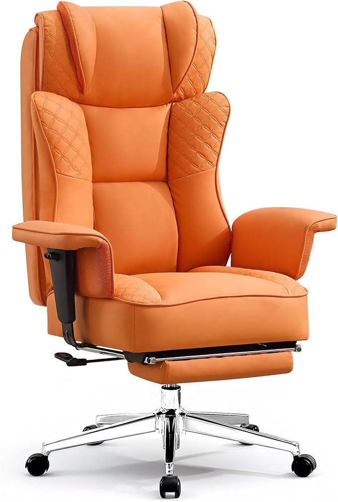 Big and Tall Office Chair, Leather Executive Ergonomic Desk Chair with Footrest, Comfy High-Back Computer Reclining Chairs with Lumbar Support (Orange)
