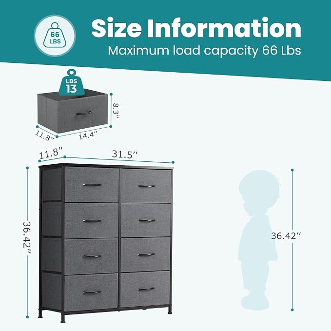 DUMOS 8 Drawer Dresser for Bedroom, Fabric Storage Organizer with Sturdy Metal Frame, Wooden Top Chest of Drawers for Closet Entryway Guest Room, Grey