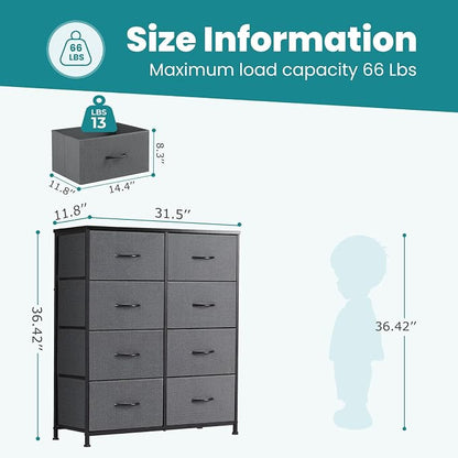 DUMOS 8 Drawer Dresser for Bedroom, Fabric Storage Organizer with Sturdy Metal Frame, Wooden Top Chest of Drawers for Closet Entryway Guest Room, Grey